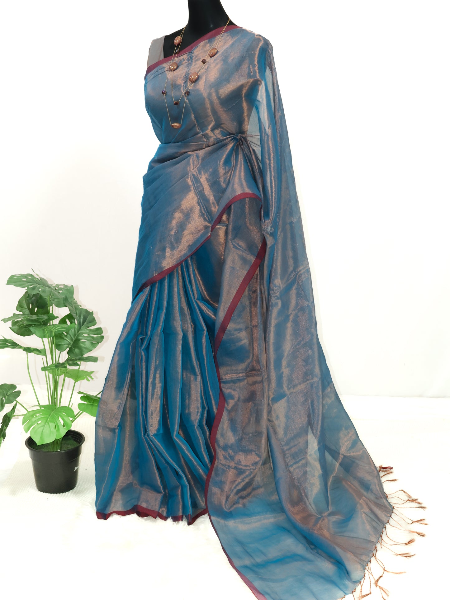 Peacock blue & silver combination raga tissue saree- S145