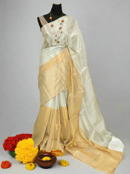 Silver Aura – Silver & Gold Half-and-Half Silk Saree