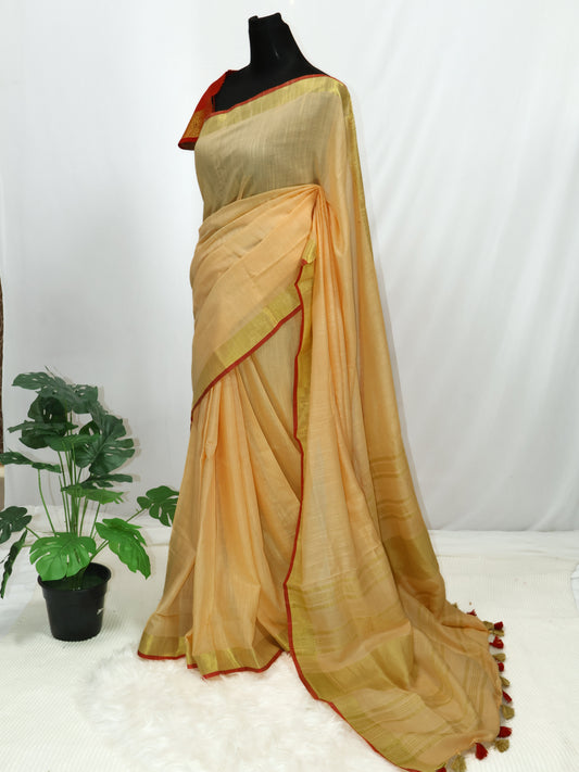 Cotton linen Coral & red saree-S132