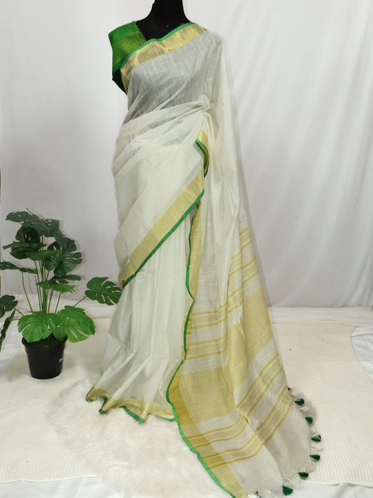 Cotton linen green & white saree-S131