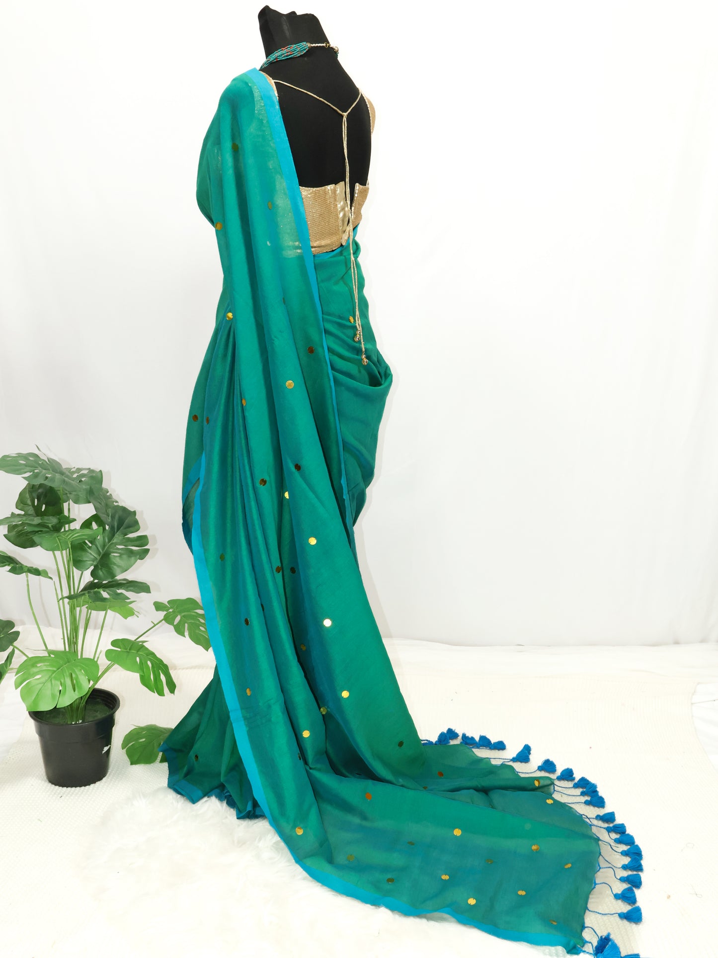 Blue-Green Khadi gini cotton saree-S229