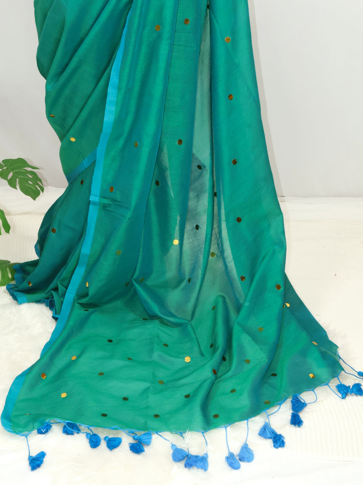 Blue-Green Khadi gini cotton saree-S229