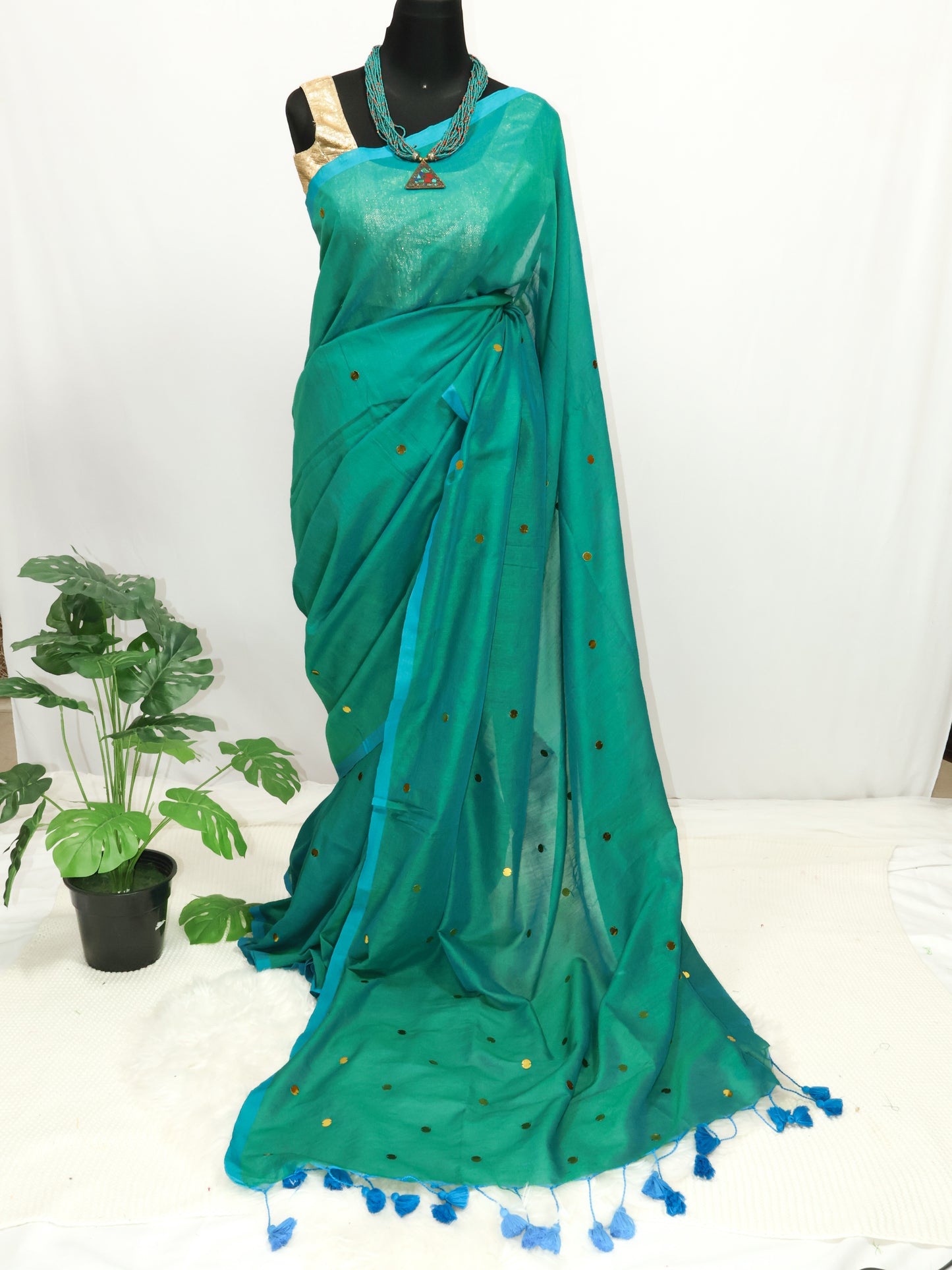 Blue-Green Khadi gini cotton saree-S229