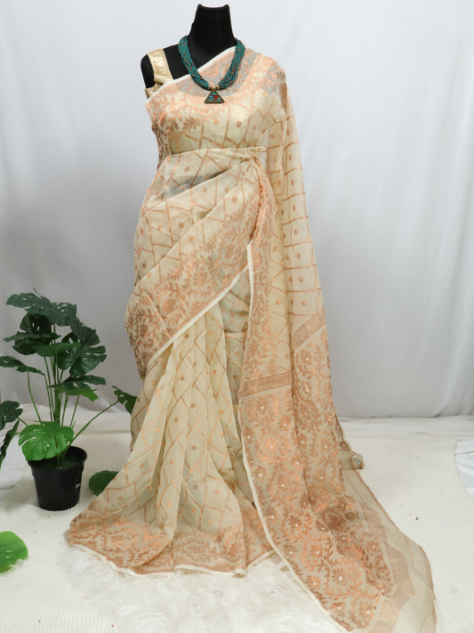 Off white Soft Bengal Dhakai silk saree -S128