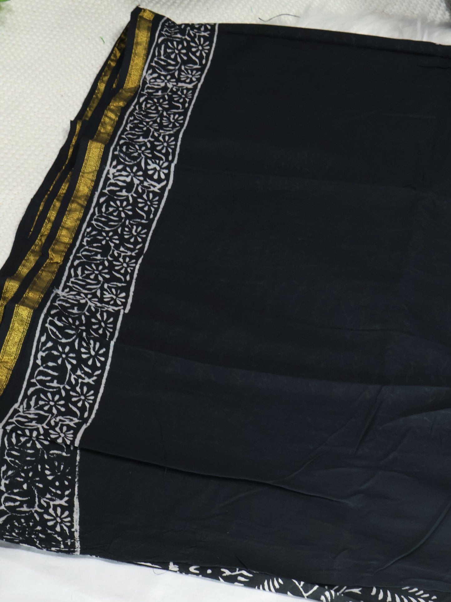 Black block print jaipuri cotton saree-S161