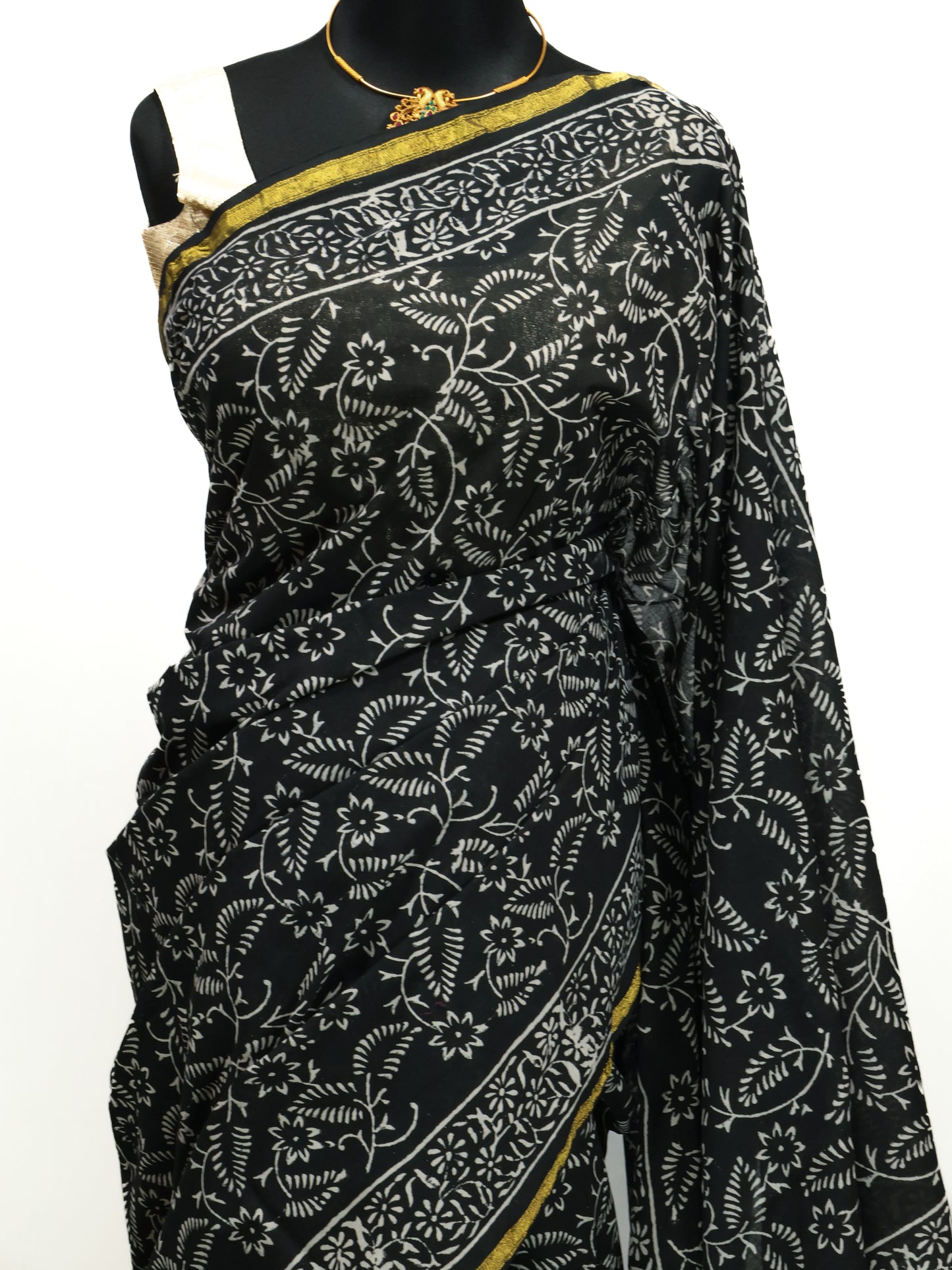 Black block print jaipuri cotton saree-S161