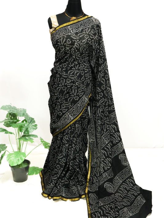 Black block print jaipuri cotton saree-S161