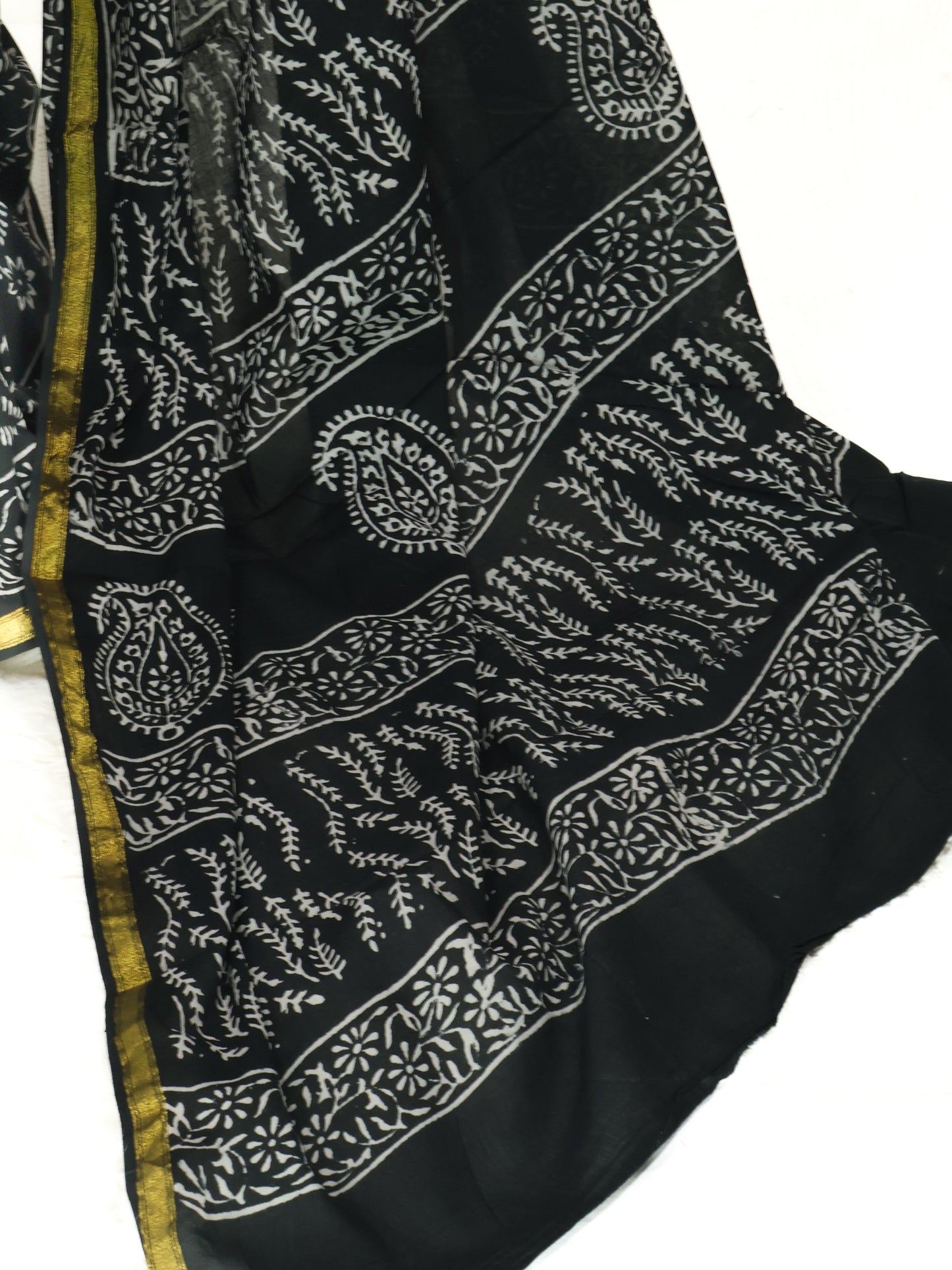 Black block print jaipuri cotton saree-S161