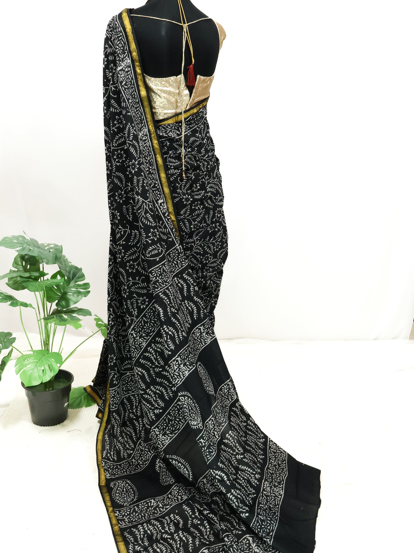 Black block print jaipuri cotton saree-S161