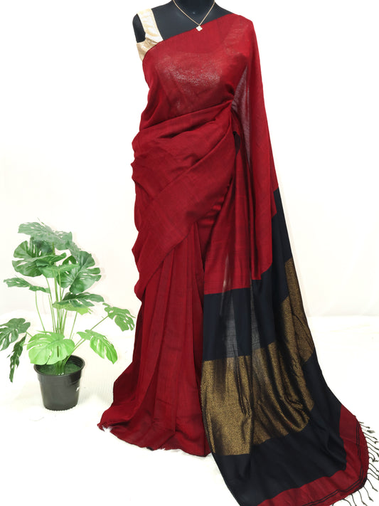 Maroon and black combination cotton saree- S119