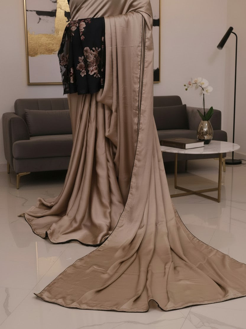 Velvet Whisper – Champagne Satin Modal Silk Saree