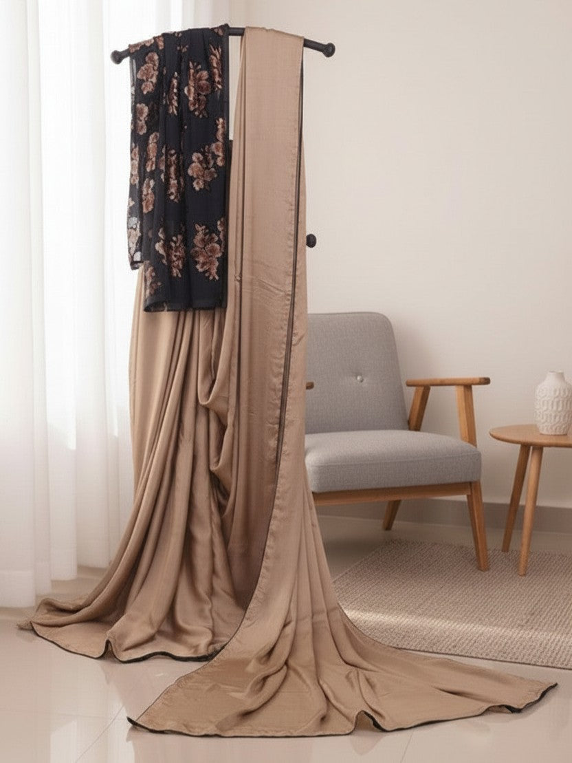 Velvet Whisper – Champagne Satin Modal Silk Saree