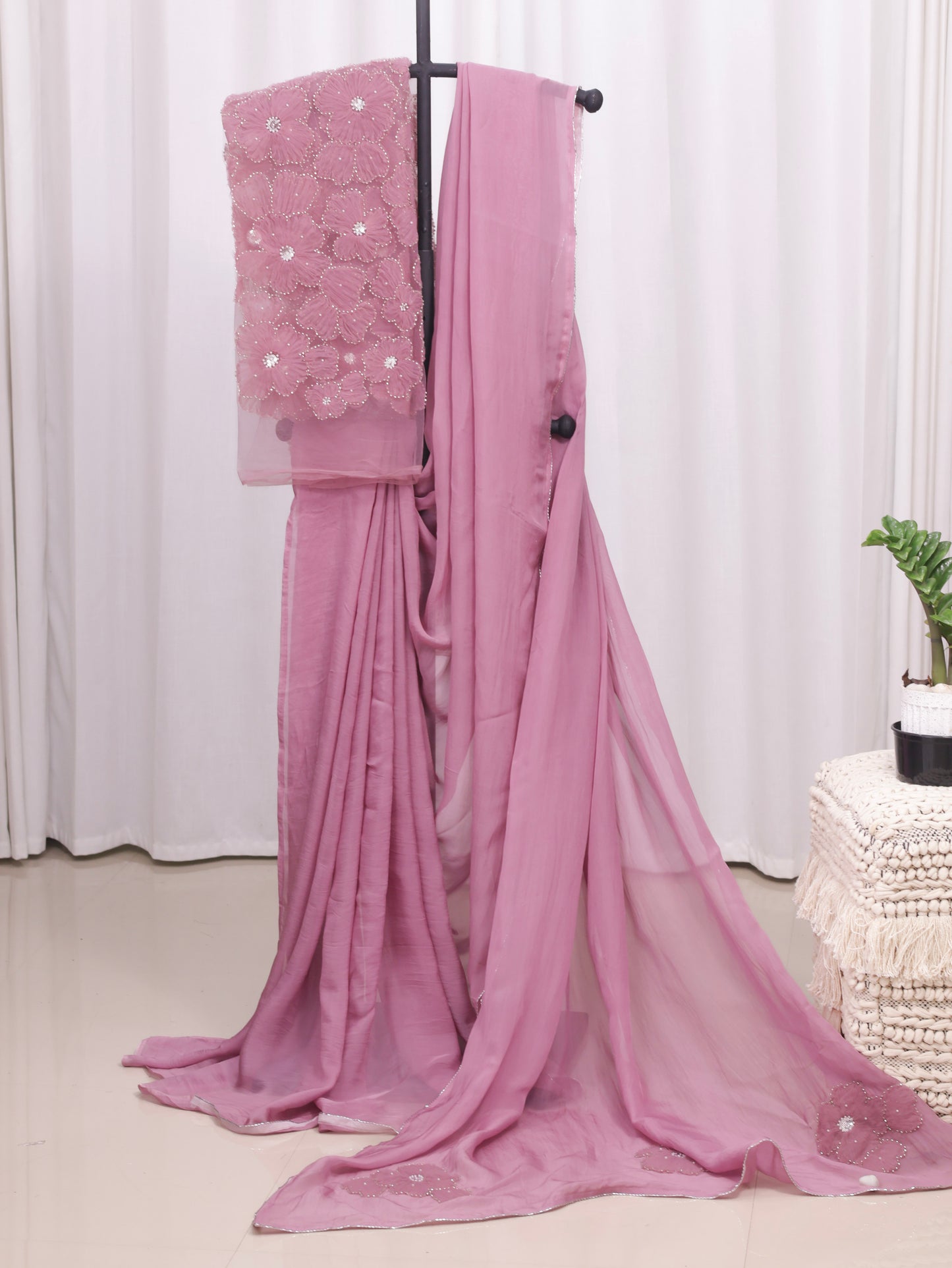 Whispered Grace – Onion Pink Pure Organza Silk Saree