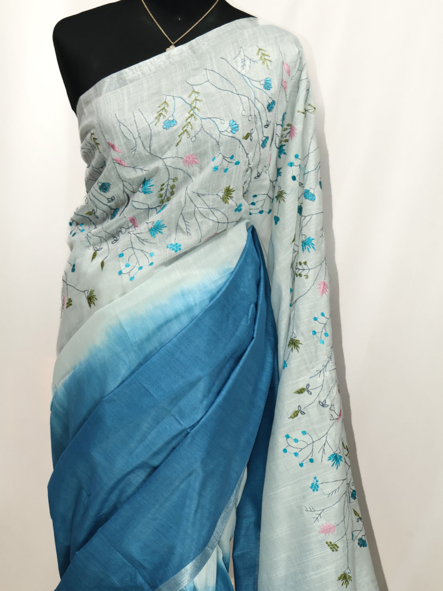 Cotton linen embroidery saree-S134