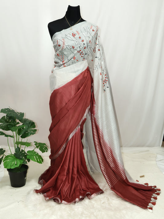 Cotton linen embroidery saree-S135