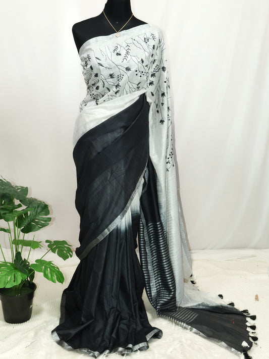 Cotton- linen embroidery saree-S133