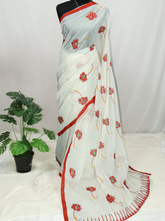 Off white embroidered cotton saree-S143