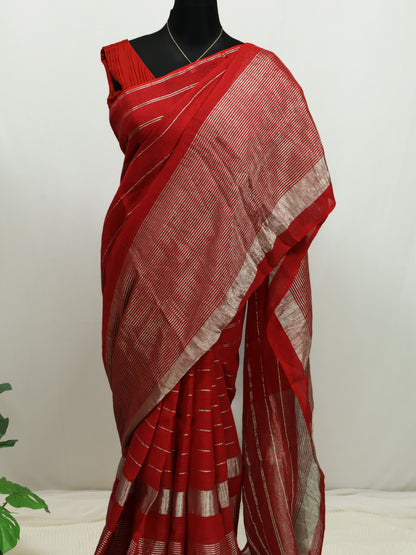 Crimson Stripes – Premium Linen Silk Saree