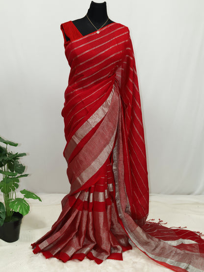 Crimson Stripes – Premium Linen Silk Saree