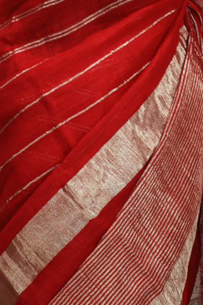 Crimson Stripes – Premium Linen Silk Saree