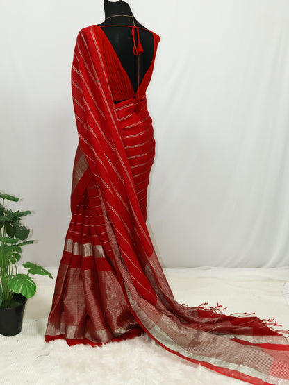 Crimson Stripes – Premium Linen Silk Saree