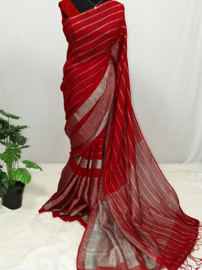 Crimson Stripes – Premium Linen Silk Saree