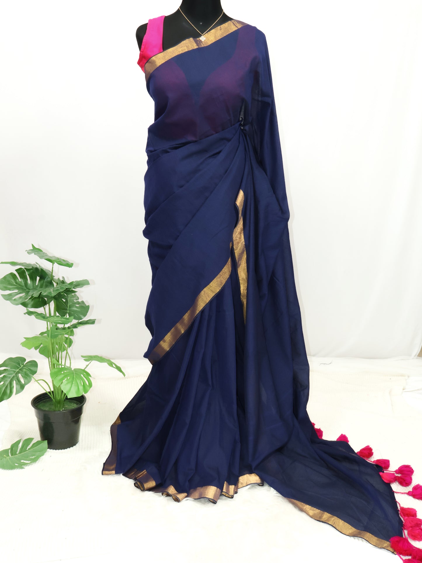 Blue plain cotton saree-S144