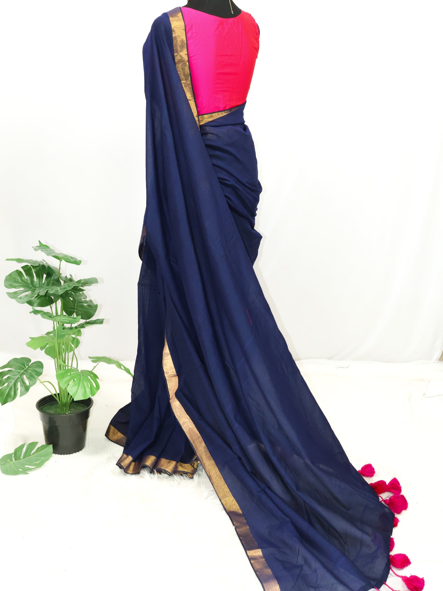 Blue plain cotton saree-S144