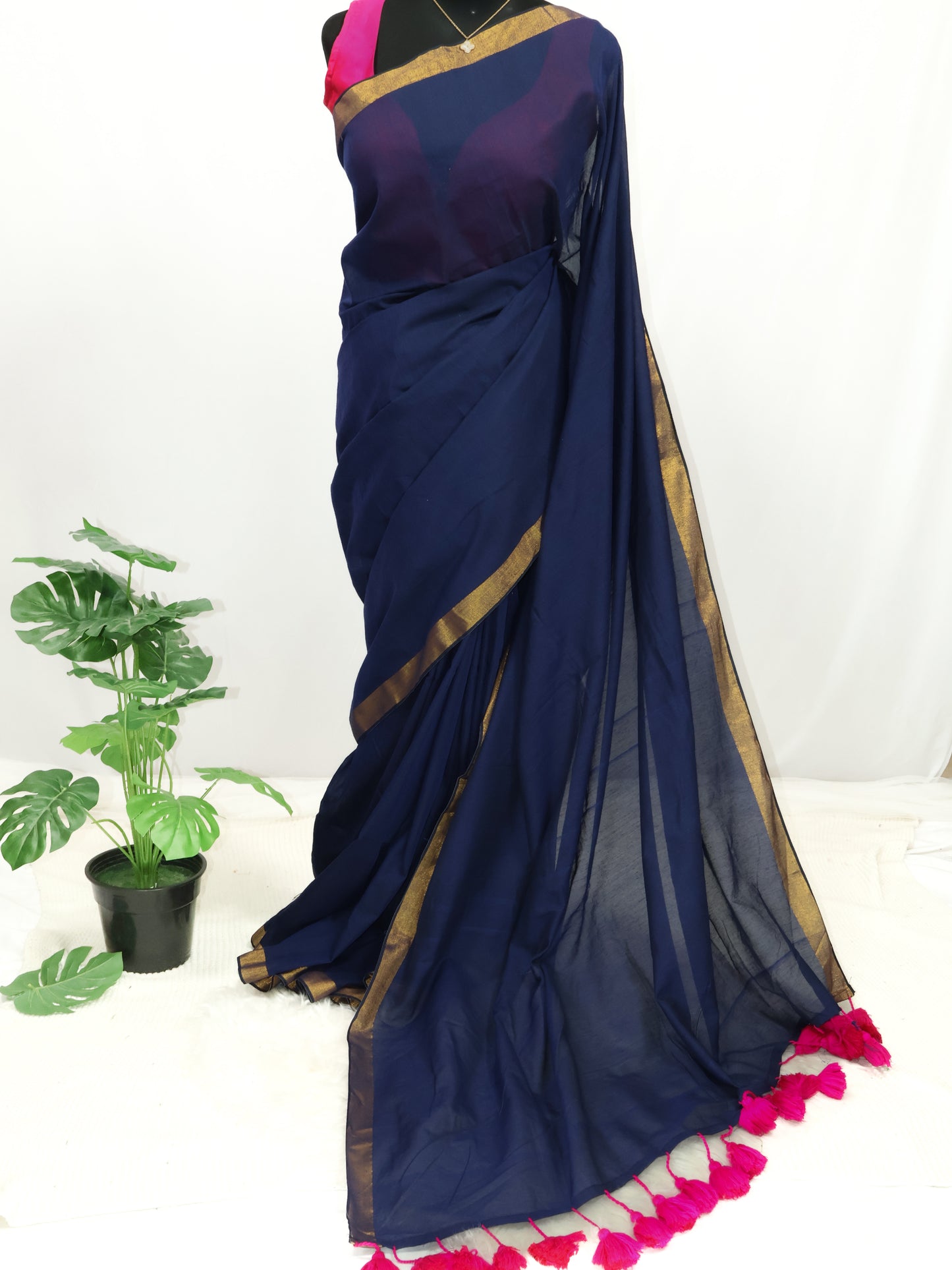 Blue plain cotton saree-S144