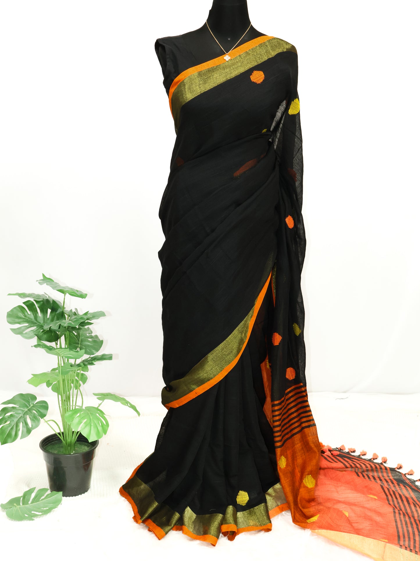 Black embroidered khadi cotton saree-S173