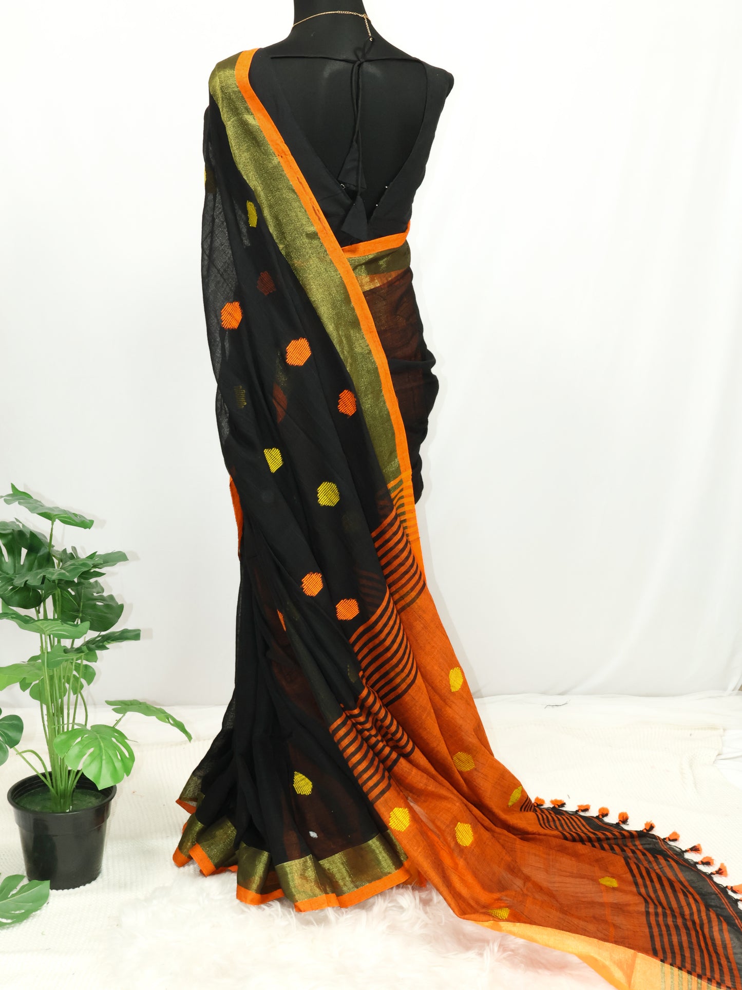 Black embroidered khadi cotton saree-S173