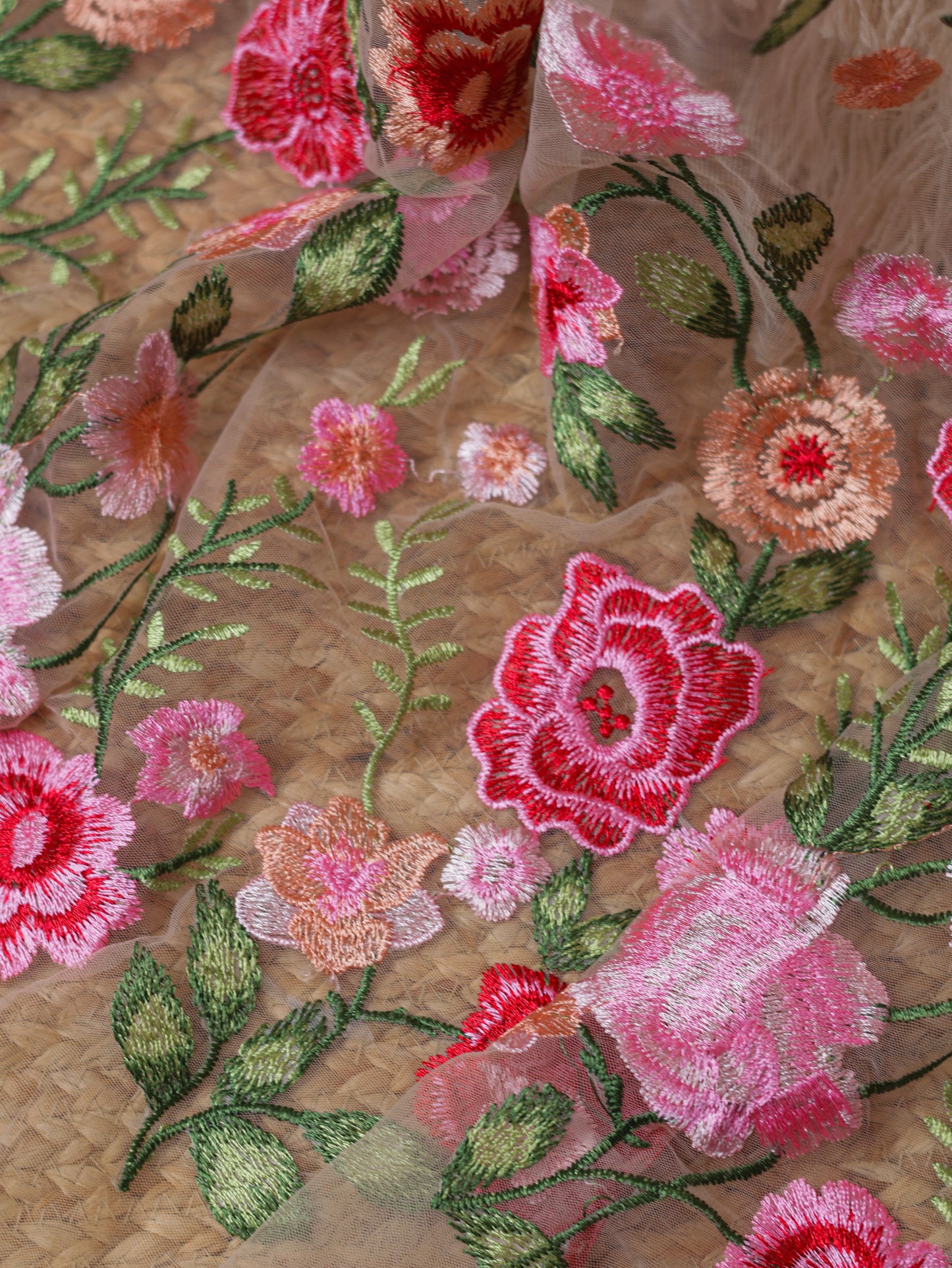 Floral Whisper – Red Jute Net Saree with Floral Embroidered  Blouse