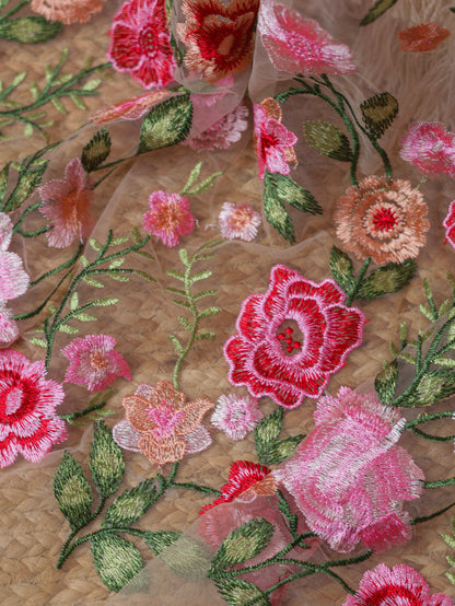 Floral Whisper – Red Jute Net Saree with Floral Embroidered  Blouse