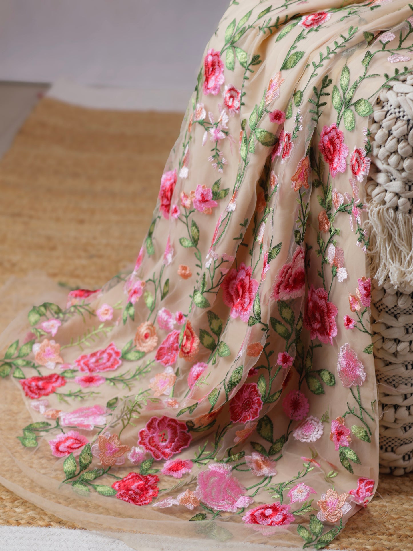 Floral Whisper – Red Jute Net Saree with Floral Embroidered  Blouse