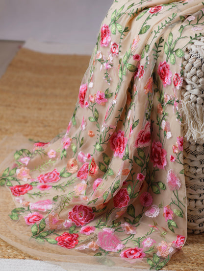 Floral Whisper – Red Jute Net Saree with Floral Embroidered  Blouse