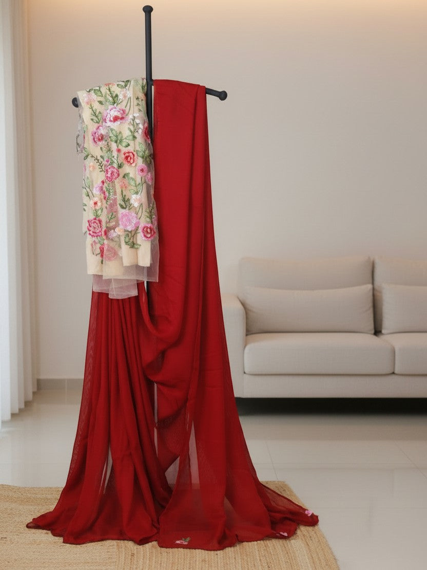Floral Whisper – Red Jute Net Saree with Floral Embroidered  Blouse
