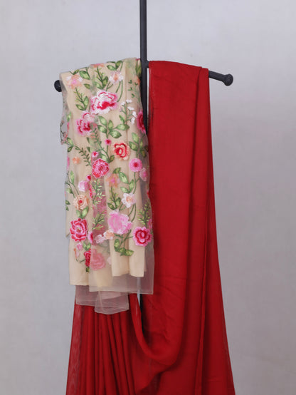 Floral Whisper – Red Jute Net Saree with Floral Embroidered  Blouse