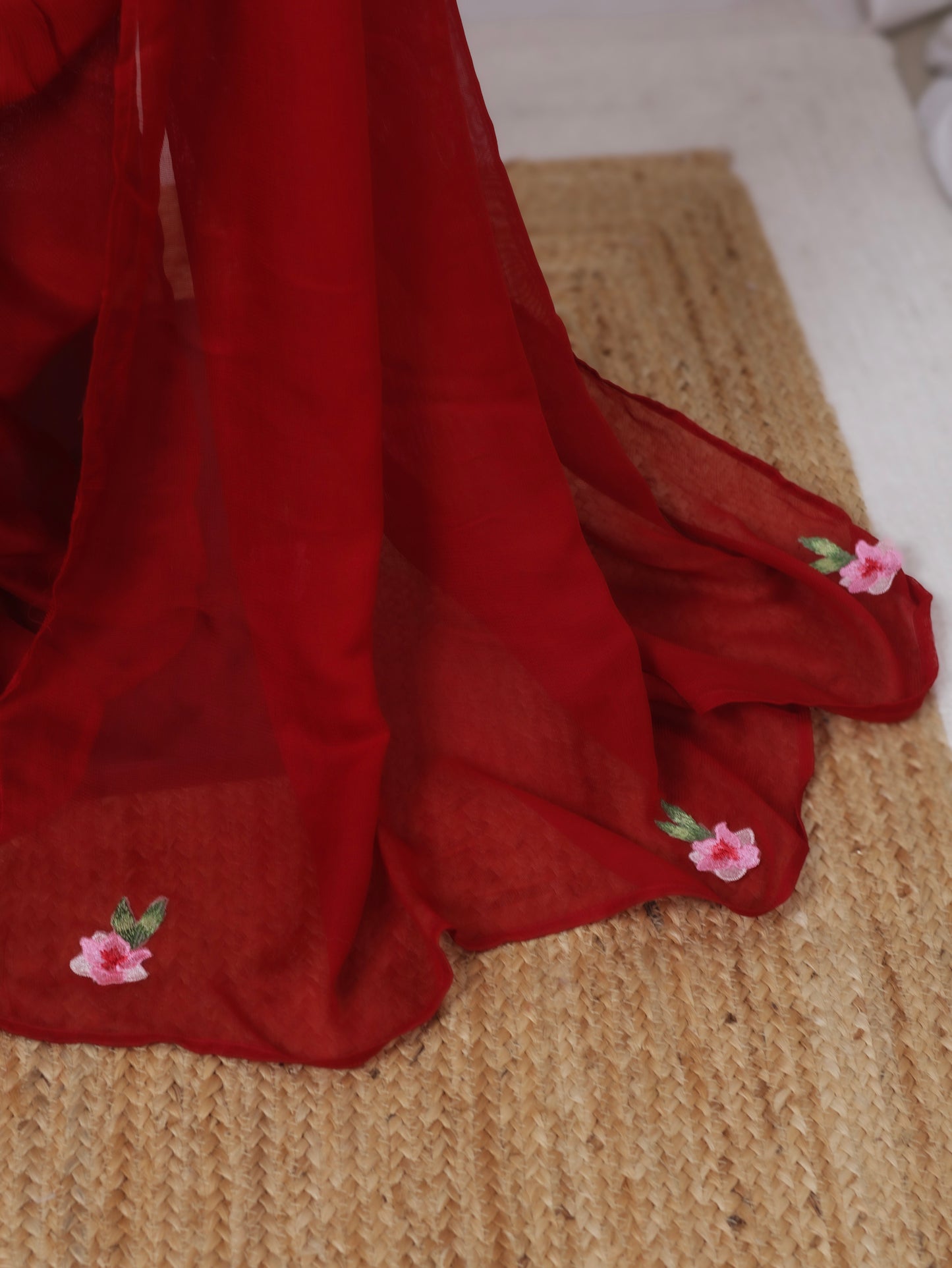 Floral Whisper – Red Jute Net Saree with Floral Embroidered  Blouse