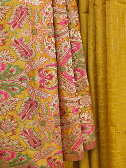 Mustard yellow Organza silk Saree with brocade blouse