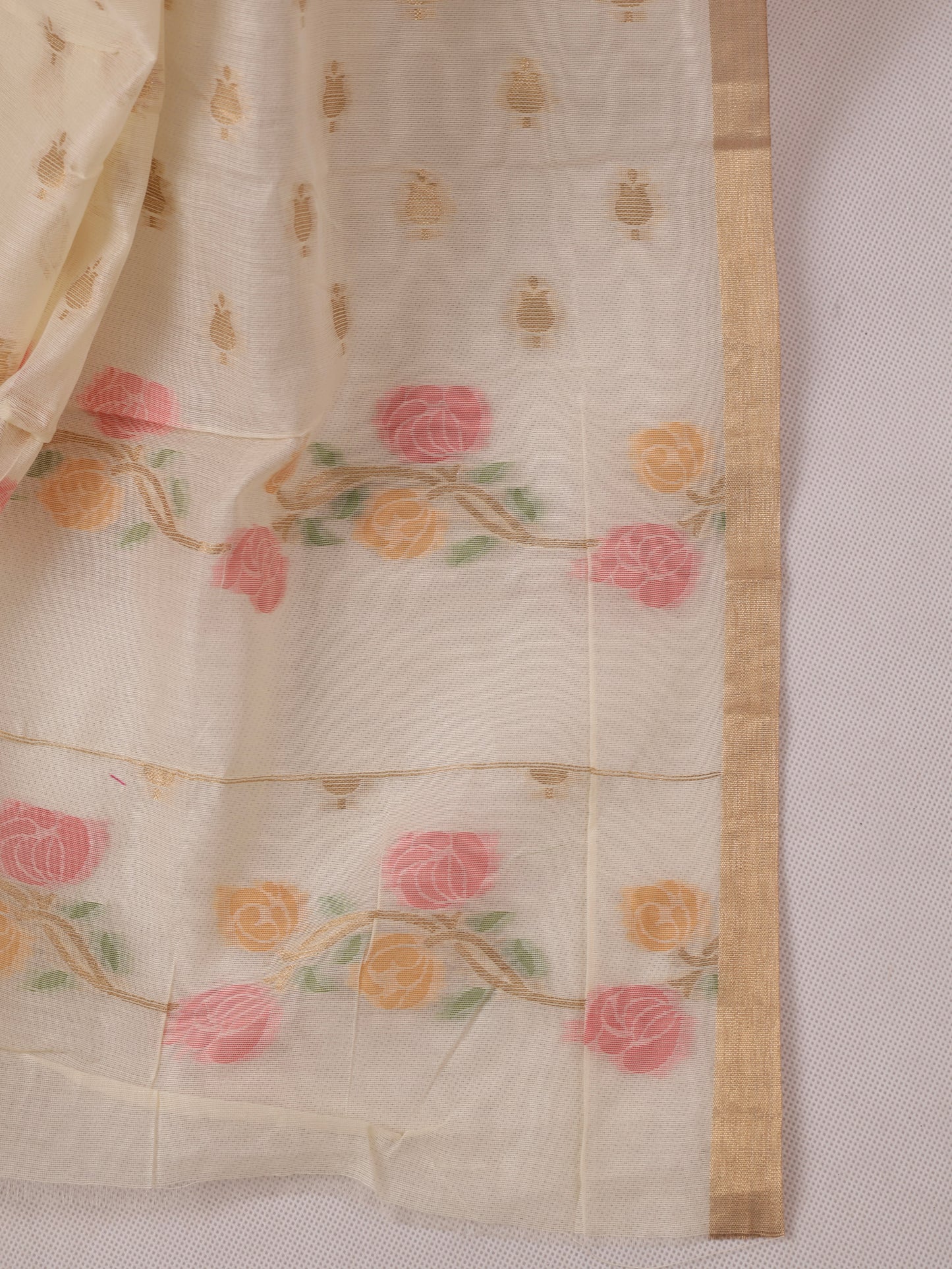 Ivory Gulabi - Jamdhani Cotton Silk Saree