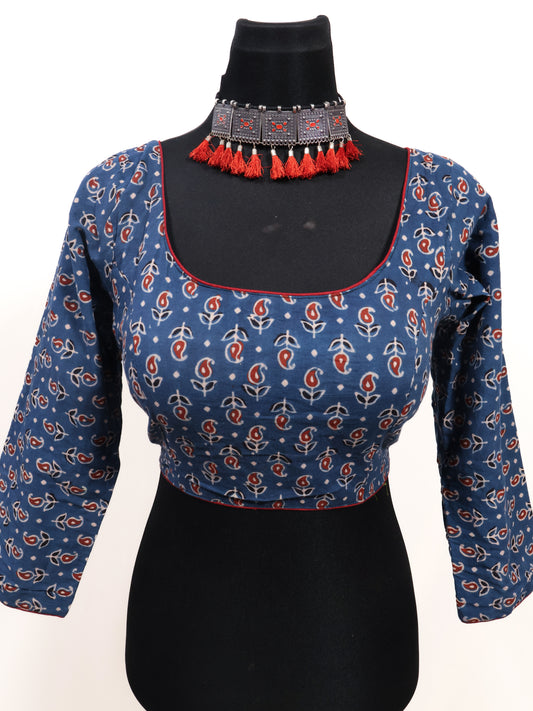 Cotton ajrakh printed full sleeve ready made blouse-B152