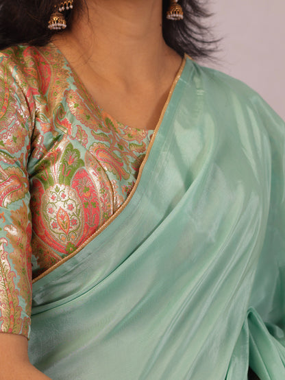 Sea green  Crepe silk Saree with brocade blouse
