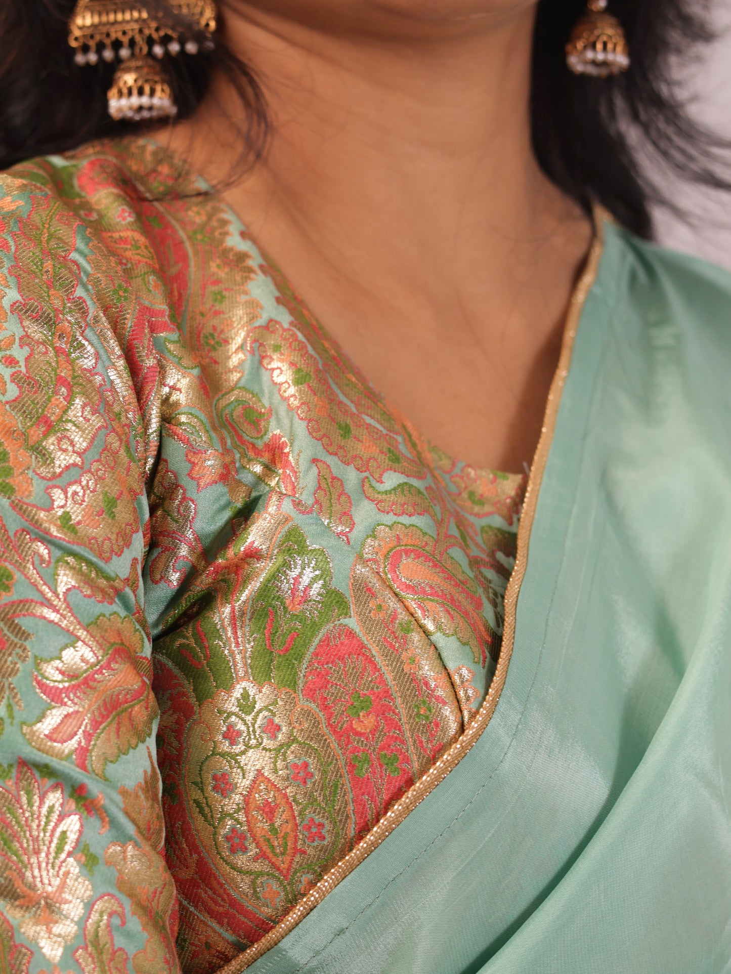 Sea green  Crepe silk Saree with brocade blouse