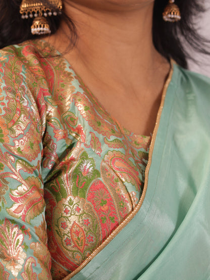 Sea green  Crepe silk Saree with brocade blouse