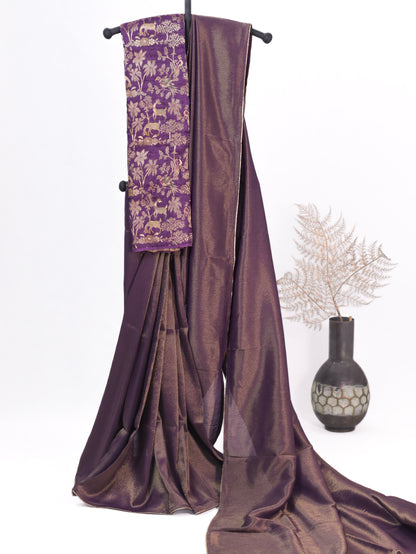Lavender  linen tissue saree with Kalamkari design blouse