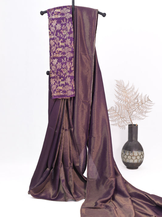 Lavender  linen tissue saree with Kalamkari design blouse