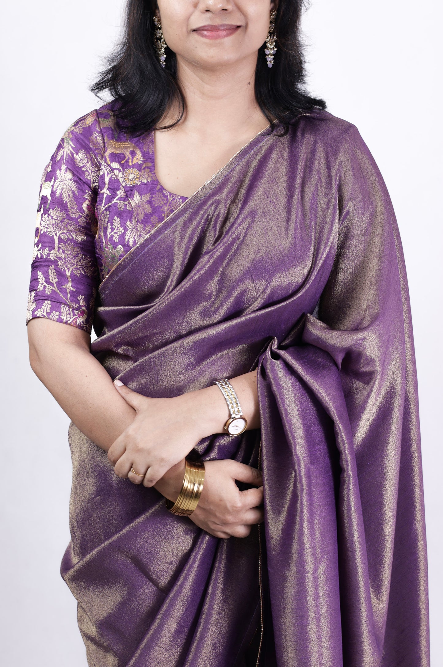 Lavender  linen tissue saree with Kalamkari design blouse