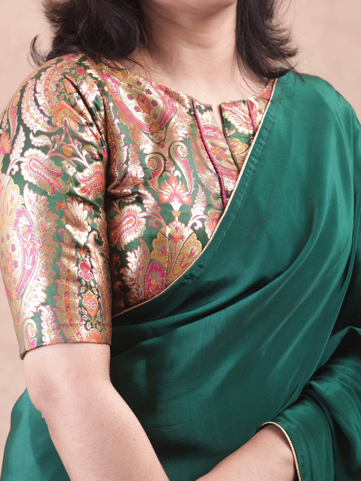 Bottle green  Crepe silk Saree with brocade blouse