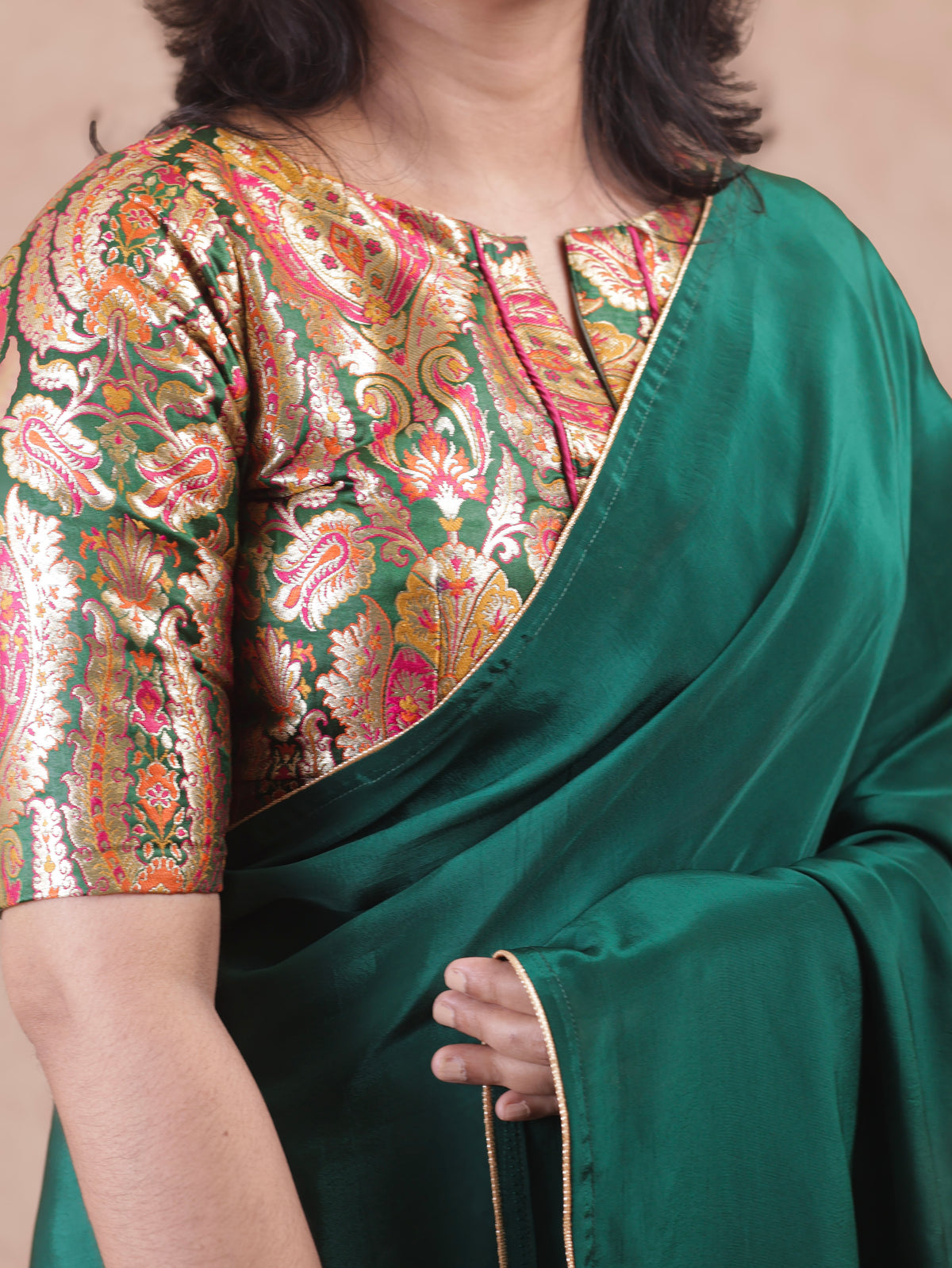 Bottle green  Crepe silk Saree with brocade blouse