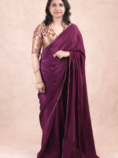 Wine red Crepe silk Saree with brocade blouse piece